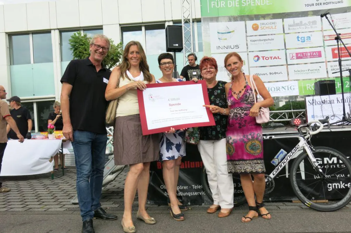 Aufgeweckt-Unternehmerinnen mit Ulrich Krafft (INNIUS RR)  bei Scheckübergabe für Tour der Hoffnung
