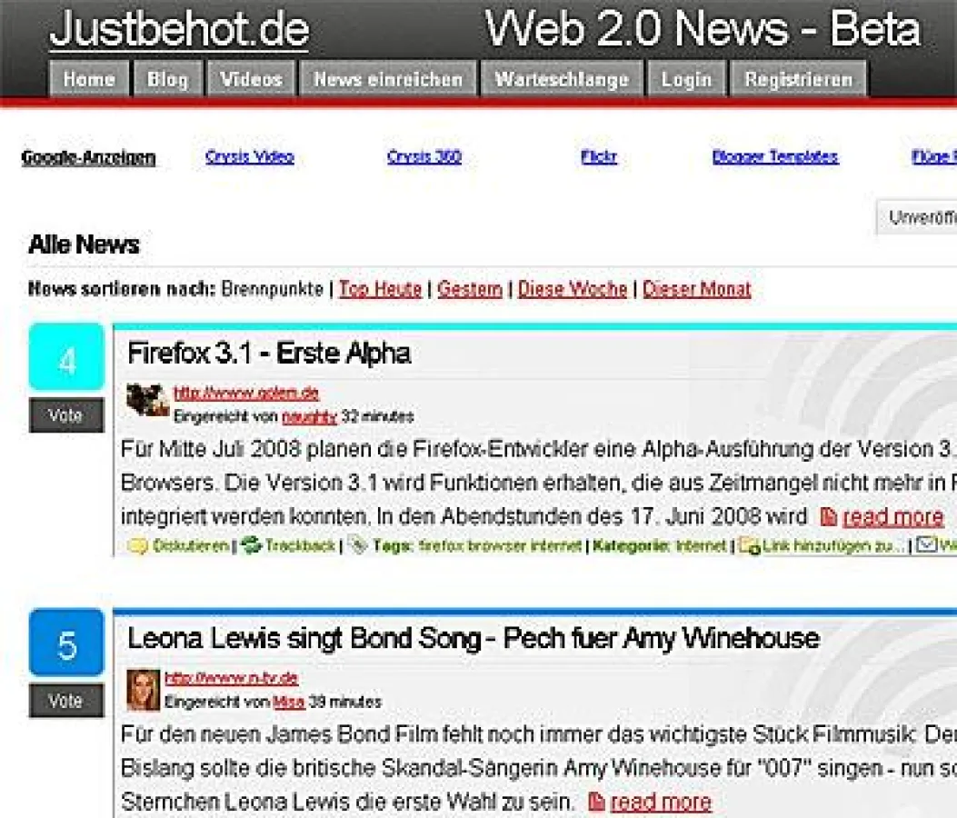 Justbehot.de - neue Web 2.0 News Community für Social Bookmarks und Social News