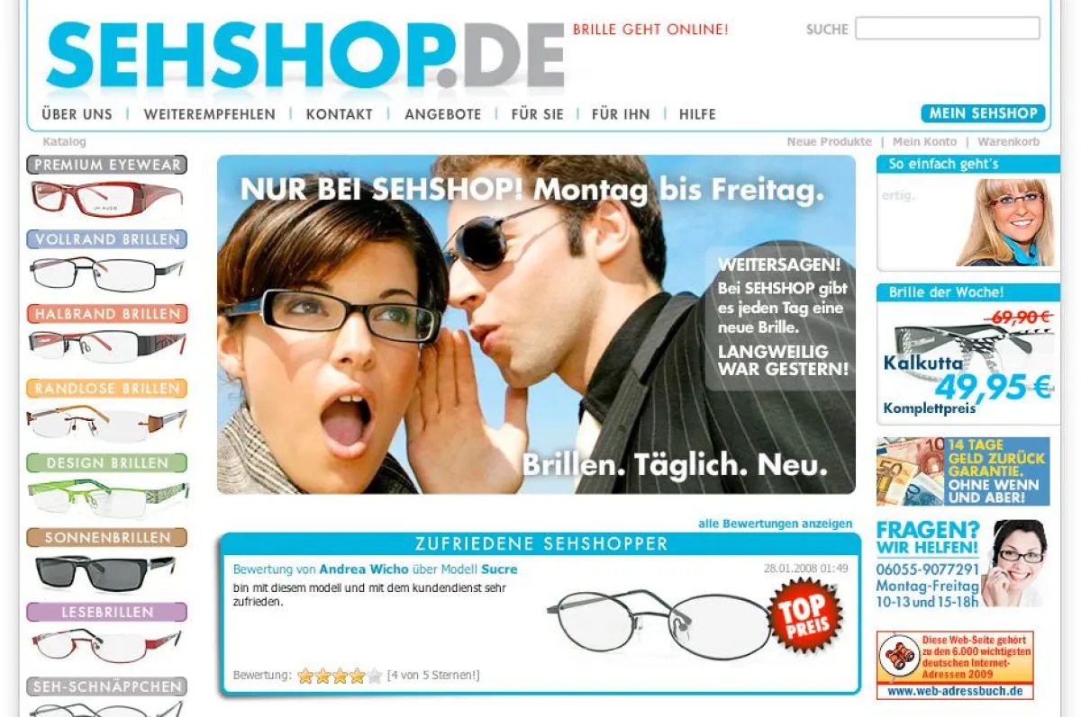 Ab sofort beim Online-Optiker SEHSHOP.DE : von Montag bis Freitag täglich eine neue Brille