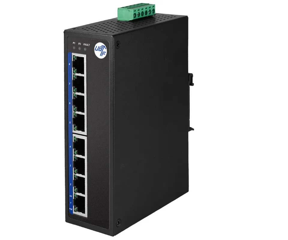 Robuster 8-Port Gigabit Industrial Ethernet PoE Switch mit E-Mark Zertifizierung von UBF (© UBF EDV Handel und Beratung Jürgen Fischer GmbH)