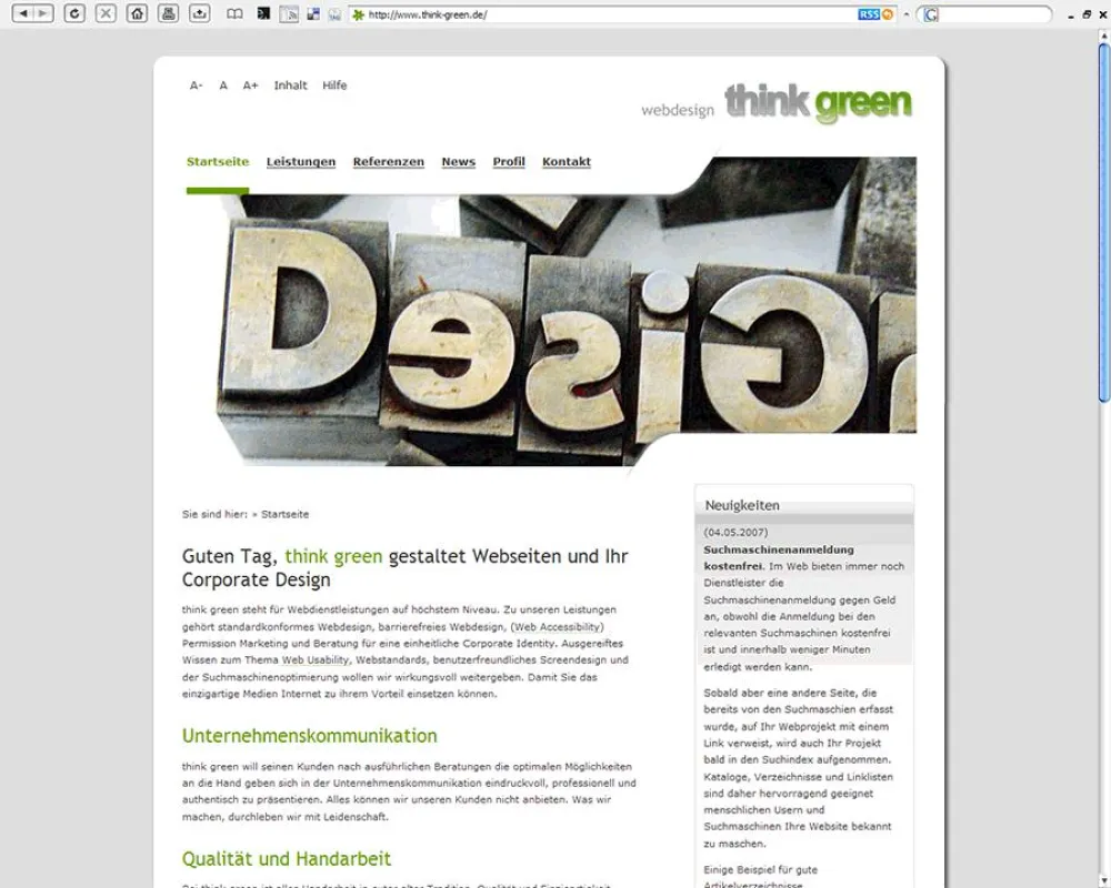 Screenshot der Website von think green
