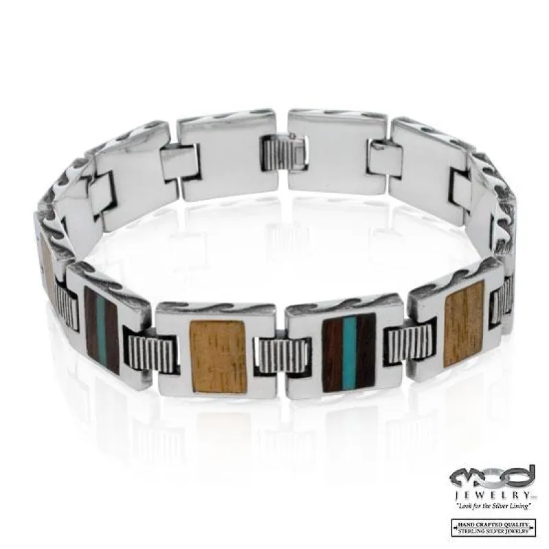 Handgefertigtes Herren-Armband aus 925 Sterlingsilber mit Hartholz-Einlagen und Wellengravur