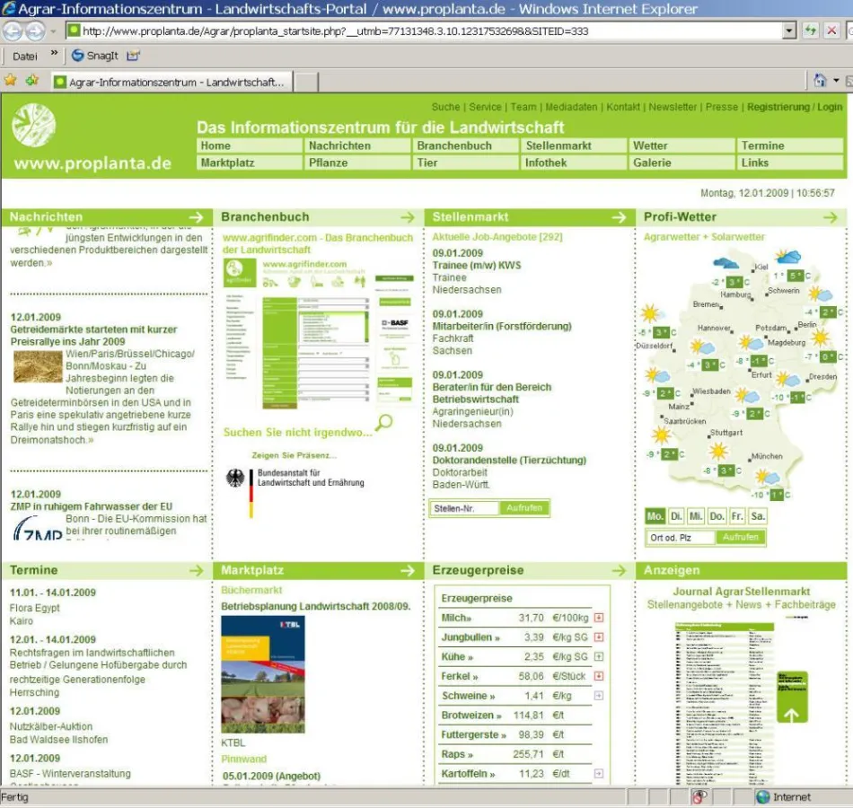 Screenshot der neugestalteten Proplanta-Homepage