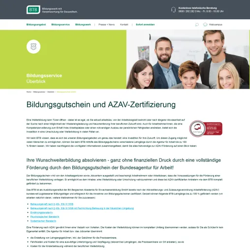 Bild: 100-prozentige Förderung beim BTB durch AZAV-Zertifizierung ab sofort für fünf Lehrgänge möglich