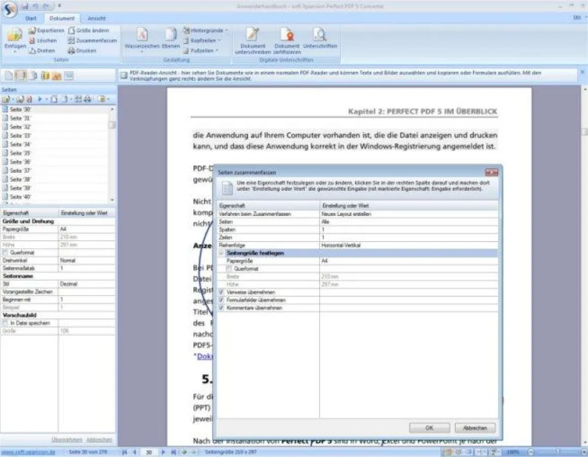 Das Hauptfenster und ein Dialog zum Zusammenfassen von Seiten (Screenshot)