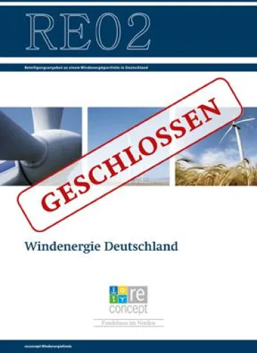 reconcept vermeldet Schließung des Fonds "RE02 Windenergie Deutschland" Bild: reconcept vermeldet Schließung des Fonds "RE02 Windenergie Deutschland"
