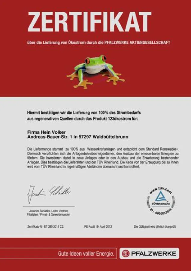 Schreinerei Hein nutzt Ökostrom