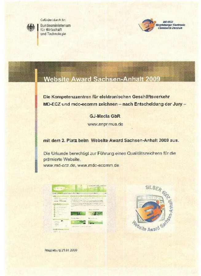 Urkunde des Website Awards 2009 von EnPrimus.de