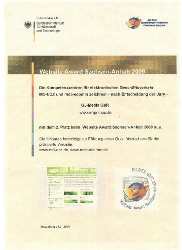 Bild: EnPrimus.de - Auszeichnung mit dem Website-Award 2009