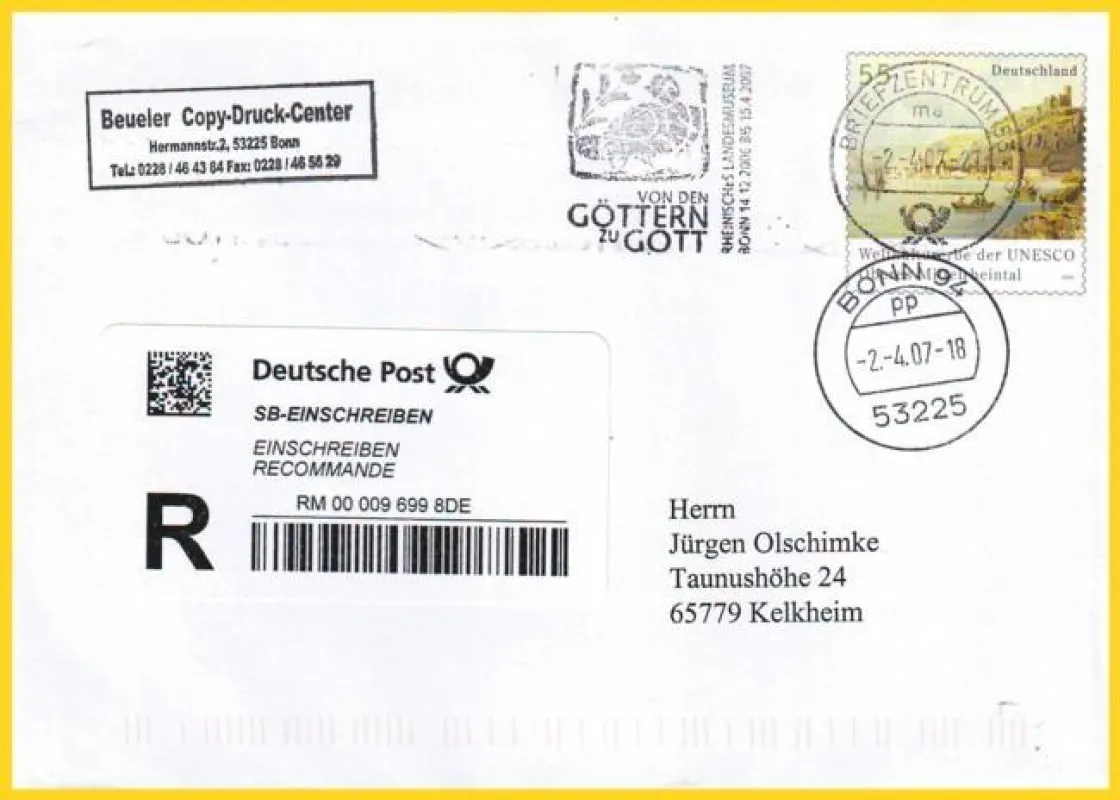 Ein SB-Einschreiben vom ersten Tag des Pilotbetriebes vom 2. April 2007