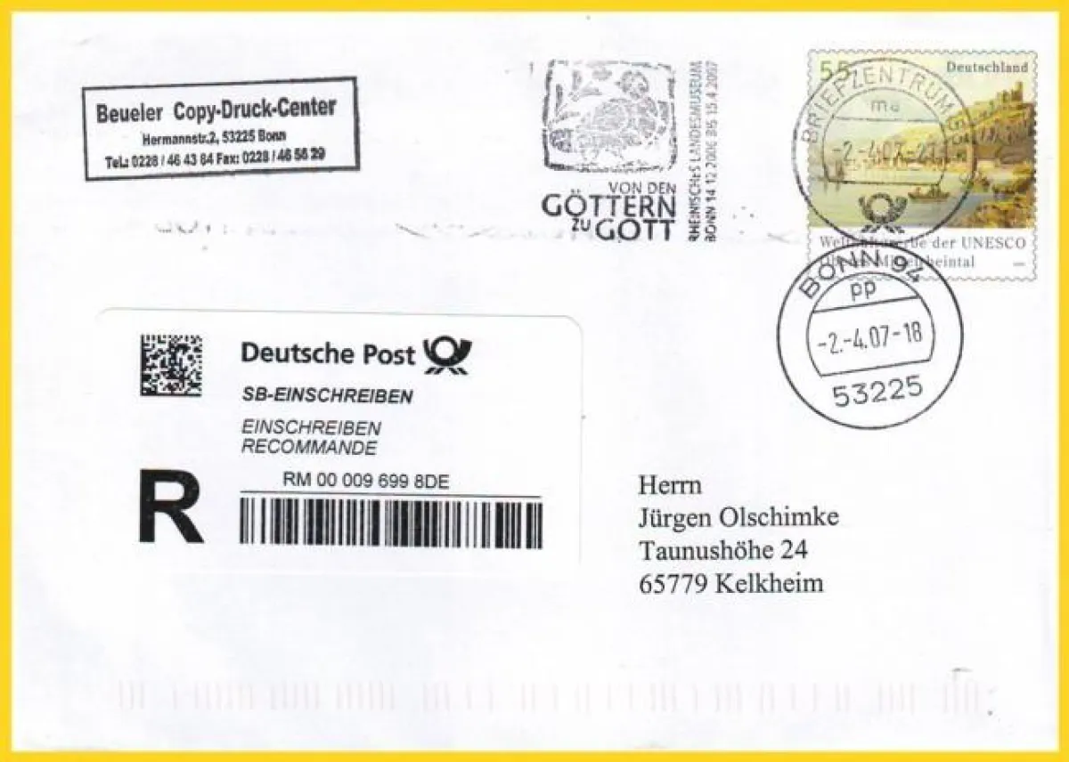 Ein SB-Einschreiben vom ersten Tag des Pilotbetriebes vom 2. April 2007