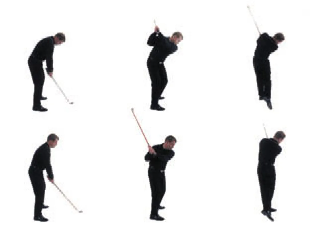 Die Entlastung des Rückens wird auf einen Blick ersichtlich: Ein zu kurzer Golfschläger führt zu einer unnatürlichen Krümmung der Wirbelsäule (obere Reihe). Ein Golfschläger, der zur Körpergröße des S
