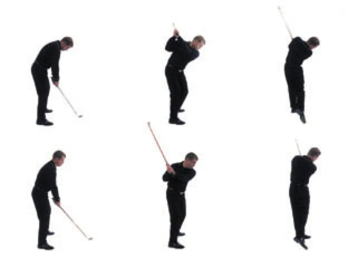 Die Entlastung des Rückens wird auf einen Blick ersichtlich: Ein zu kurzer Golfschläger führt zu einer unnatürlichen Krümmung der Wirbelsäule (obere Reihe). Ein Golfschläger, der zur Körpergröße des S