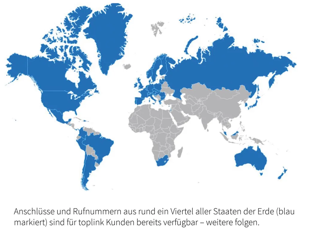 Rufnummern aus rund ein Viertel aller Staaten der Erde sind für toplink Kunden bereits verfügbar.