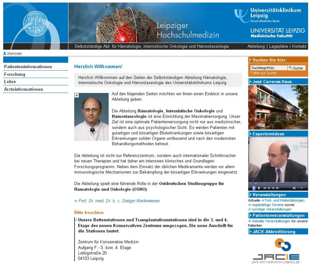 Internetauftritt der Selbstständigen Abteilung für Hämatologie, internistische Onkologie und Hämostaseologie des Universitätsklinikums Leipzig