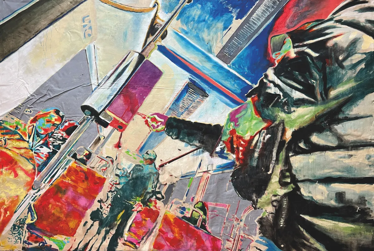 Gustav Sonntag Knappe Kiste, Acryl und Ölkreide auf Leinwand, 270x180 cm (© Gustav Sonntag / GALERIEZ)