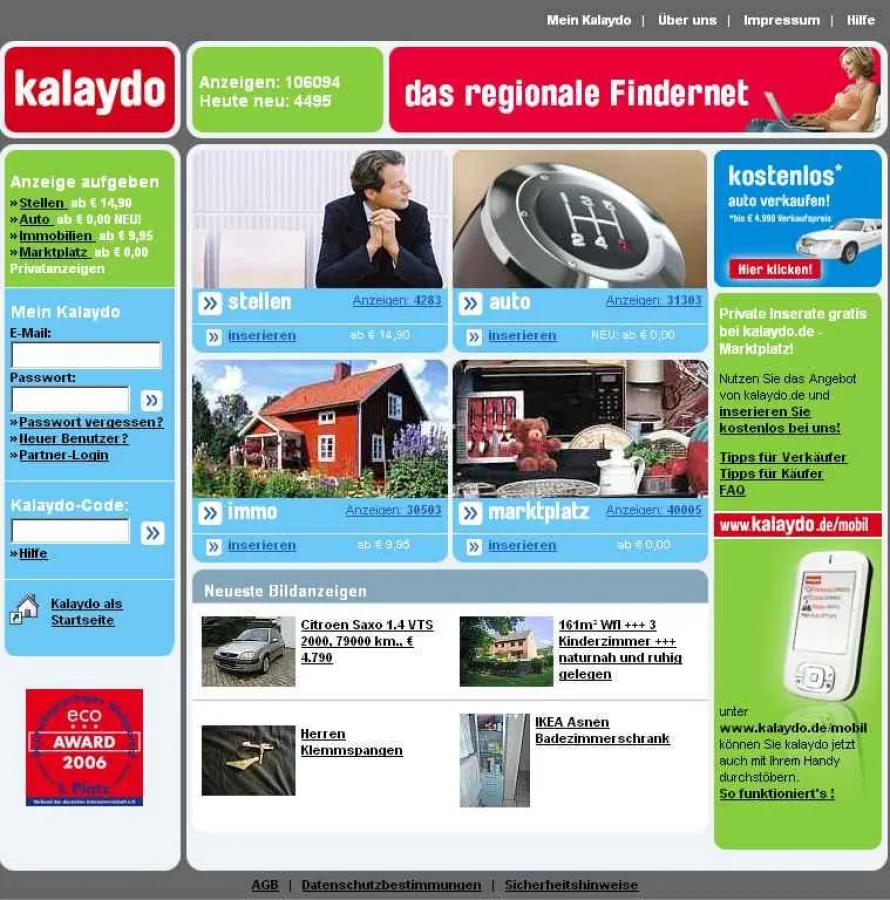 Screenshot Startseite kalaydo.de mit Stellenmarkt