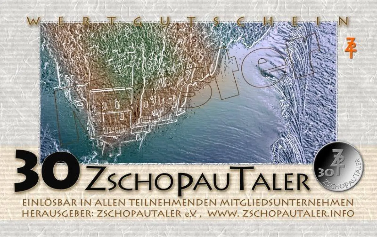 So sieht der 30-ZPT-Schein aus. Das Motiv zeigt die Burg Kriebstein, die sich im Wasser der Zschopau spiegelt.