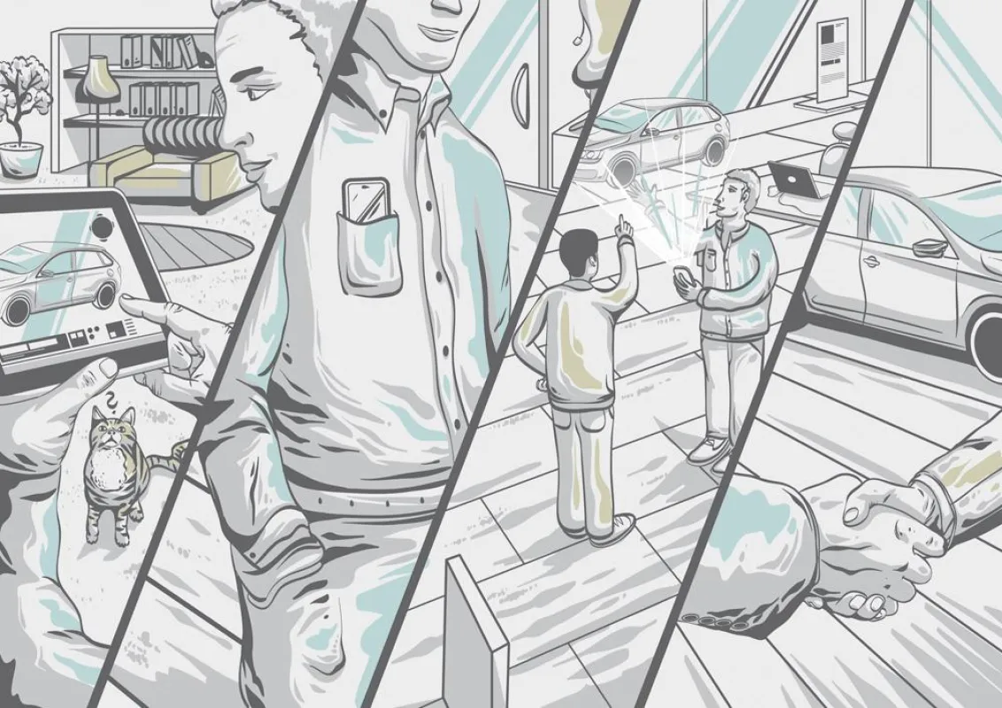 Autokauf der Zukunft: Vom Tablet zur 3D-Animation beim Händler. Illustration: Robert Richter