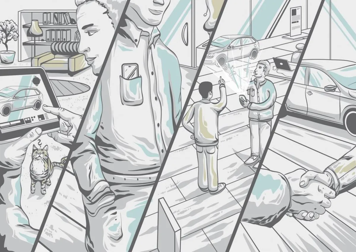 Autokauf der Zukunft: Vom Tablet zur 3D-Animation beim Händler. Illustration: Robert Richter
