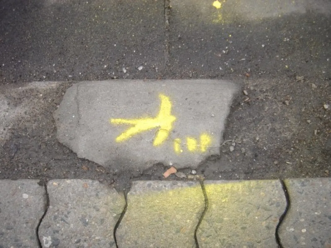 Gelbe Bordsteinschwalbe markiert die Schäden an den Gehwegen