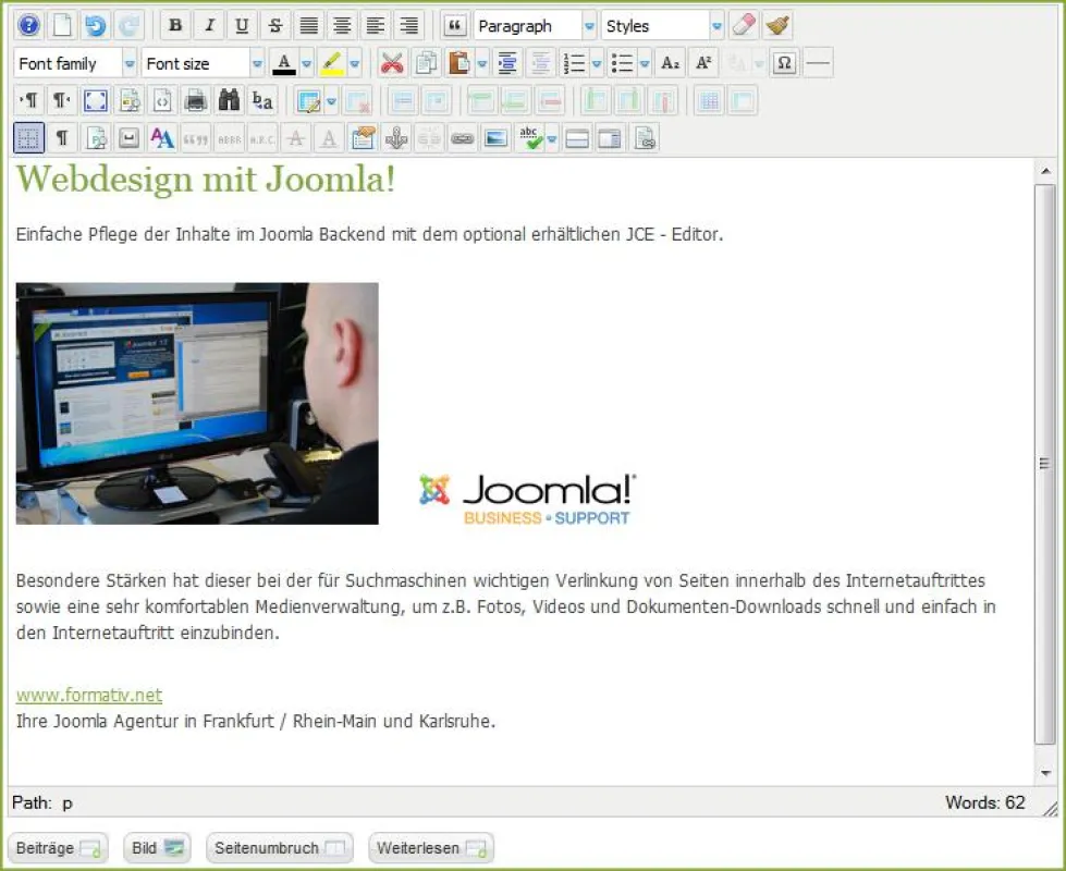 Pflege von Website-Inhalten in Joomla, hier erweitert um den Joomla Content Editor (JCE)