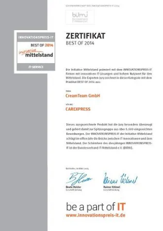 CreamTeam GmbH mit dem Innovationspreis-IT „BEST OF 2014“ ausgezeichnet Bild: CreamTeam GmbH mit dem Innovationspreis-IT „BEST OF 2014“ ausgezeichnet