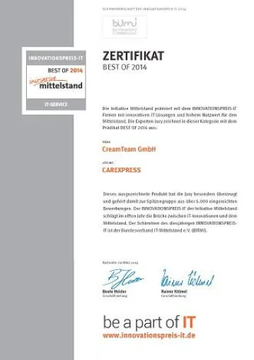 Bild: CreamTeam GmbH mit dem Innovationspreis-IT „BEST OF 2014“ ausgezeichnet