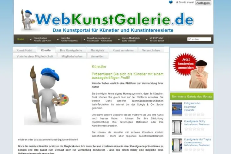 Das Kunstportal Webkunstgalerie ist nach sechsmonatiger Entwicklungszeit am 4.3.2011 online gegangen. Bild: Das Kunstportal Webkunstgalerie ist nach sechsmonatiger Entwicklungszeit am 4.3.2011 online gegangen.