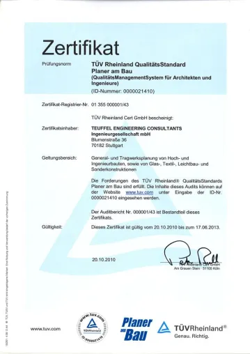 TEUFFEL ENGINEERING CONSULTANTS ist mit dem Qualitätszertifikat "Planer am Bau" ausgezeichnet worden Bild: TEUFFEL ENGINEERING CONSULTANTS ist mit dem Qualitätszertifikat "Planer am Bau" ausgezeichnet worden