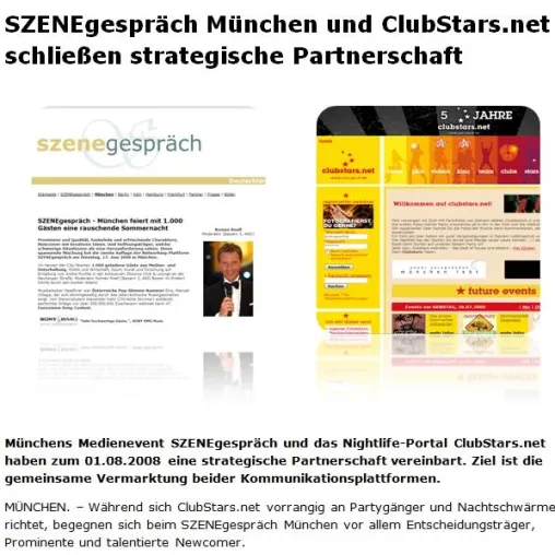 SZENEgespräch München und ClubStars.net schließen strategische Partnerschaft Bild: SZENEgespräch München und ClubStars.net schließen strategische Partnerschaft