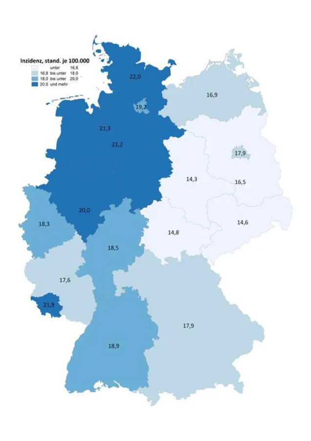 Durchschnittliche Anzahl der MS-Neuerkrankungen pro 100.000, aufgeteilt nach KV-Bereichen – Stand 2015 (Versorgungsatlas - Zentralinstitut für die kassenärztliche Versorgung (Zi))