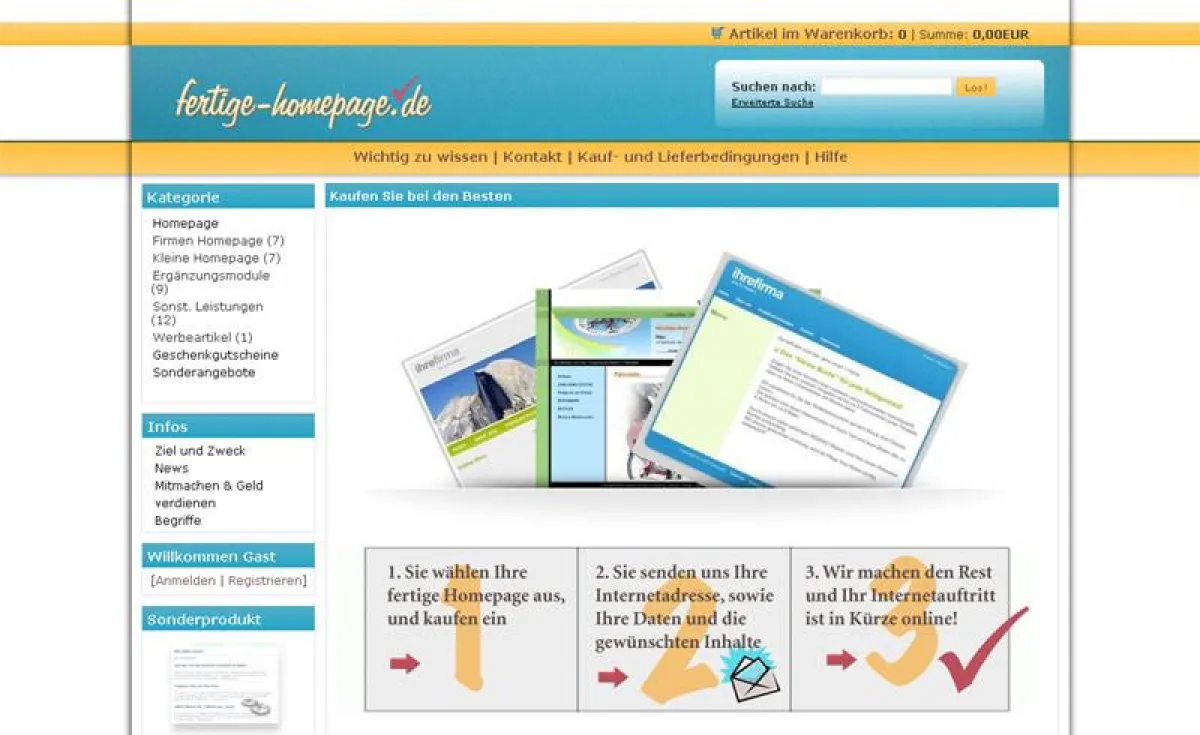 Ansicht des Onlineshops fertige-homepage.de