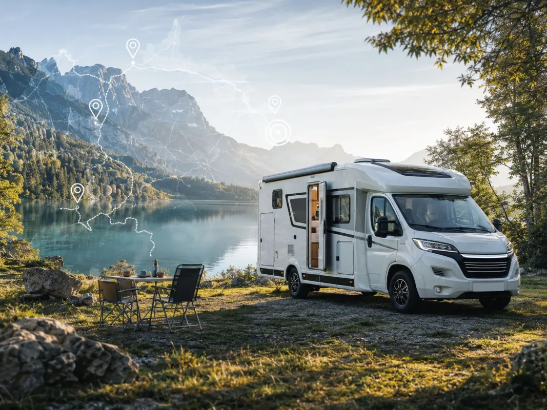 Camping KI unterstützt Wohnmobilreisende bei der Planung individueller Routen, Zwischenstopps und Ca (© KI)