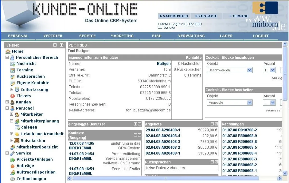 Benutzercockpit im kunde-online.de