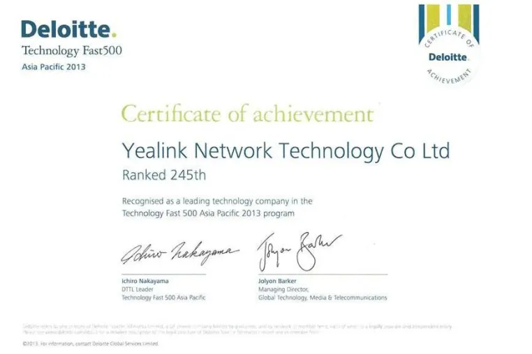 Yealink im „Technology Fast 500 Asia Pacific“-Ranking von Deloitte Bild: Yealink im „Technology Fast 500 Asia Pacific“-Ranking von Deloitte