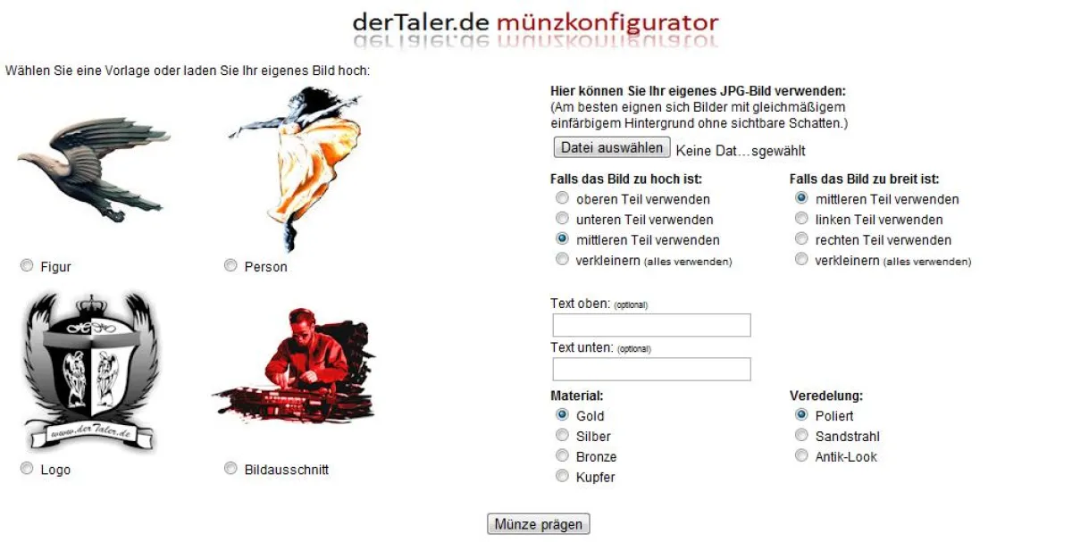 dertaler.de Münzkonfigurator