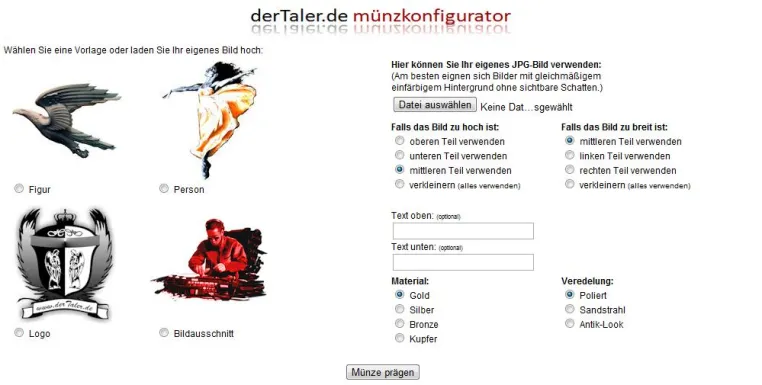 dertaler.de startet neuen Münzkonfigurator Bild: dertaler.de startet neuen Münzkonfigurator