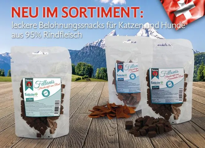 Bild: Fellicita bringt Fellonis Katzensnacks und Hundesnacks vom Simmentaler Rind ins Sortiment