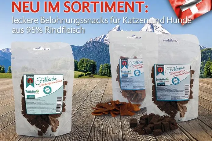 Fellicita bringt Fellonis Katzensnacks und Hundesnacks vom Simmentaler Rind ins Sortiment Bild: Fellicita bringt Fellonis Katzensnacks und Hundesnacks vom Simmentaler Rind ins Sortiment