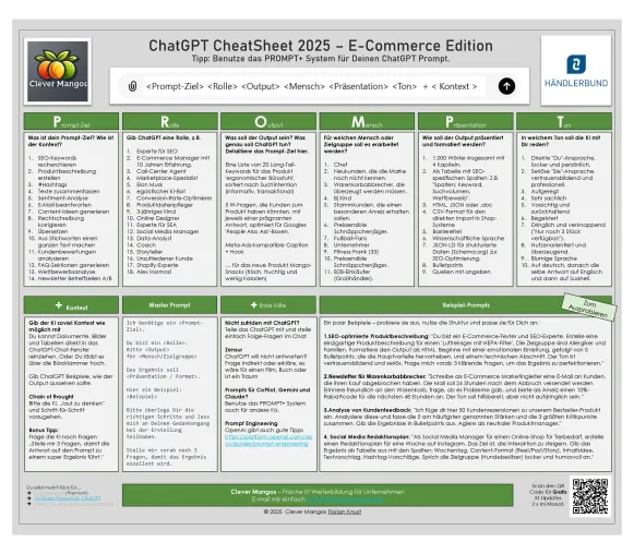ChatGPT Tricks für Onlinehändler: Clever Mangos und Händlerbund bringen gratis ChatGPT CheatSheet Bild: ChatGPT Tricks für Onlinehändler: Clever Mangos und Händlerbund bringen gratis ChatGPT CheatSheet