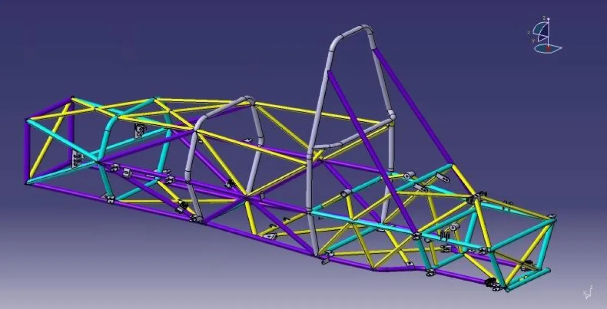 CAD-Modell der Gitterstruktur des Rennwagen-Chassis. Längsträger und Überrollbügel wurden bei Tracto-Technik in Lennestadt gefertigt. (Foto: s3 Racing)
