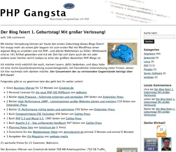 Bekannter deutscher PHP Blog feiert ersten Geburtstag mit großer Verlosung Bild: Bekannter deutscher PHP Blog feiert ersten Geburtstag mit großer Verlosung