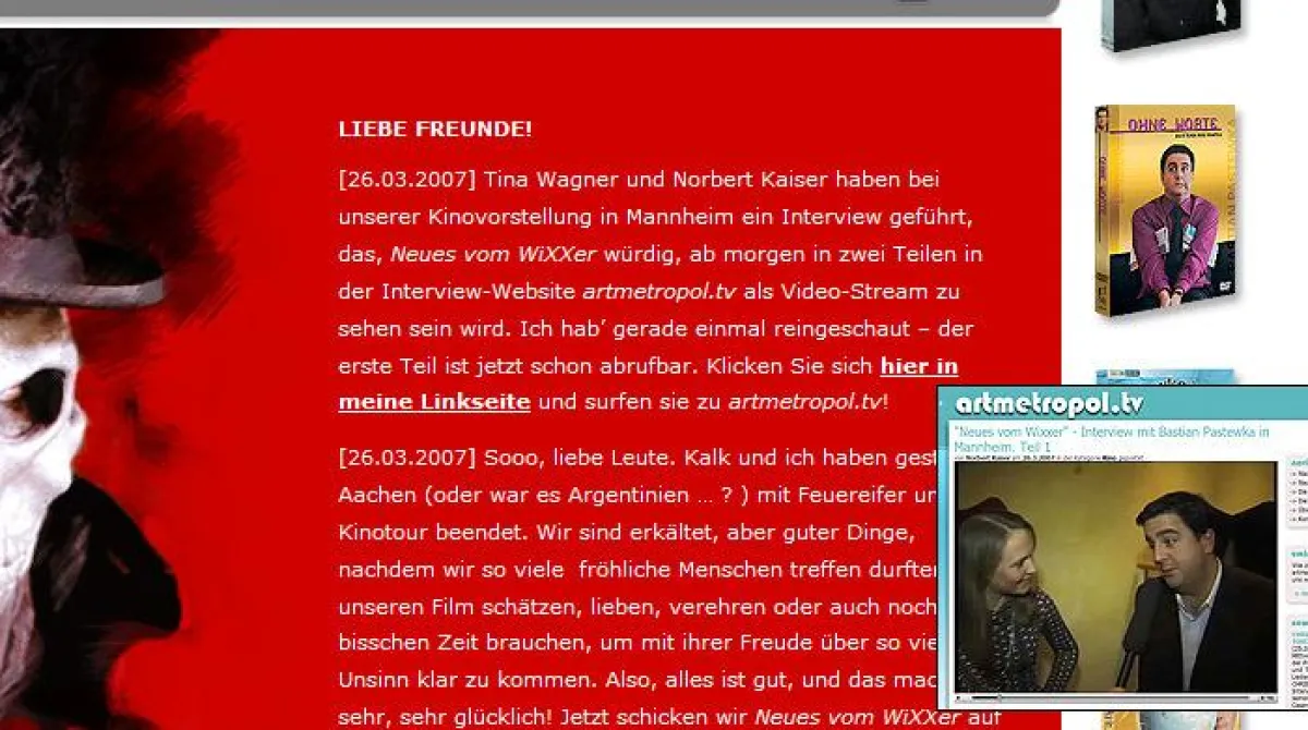 Auf der Startseite von www.bastianpastewka.de findet man einen Hinweis zum Interview auf www.artmetropol.tv.