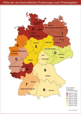EOS Analysen - Ost-West-Gefälle bei der Höhe der Schulden Bild: EOS Analysen - Ost-West-Gefälle bei der Höhe der Schulden
