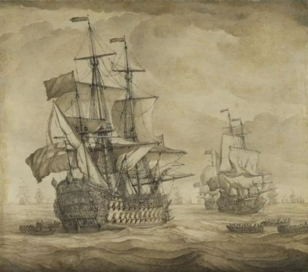 Willem I van de Velde, Engl. Kriegsschiffe. Grisaille auf Leinwand. 1680er. 56,2 x 63,5 cm. Schätzpreis EUR 70.000-90.000
