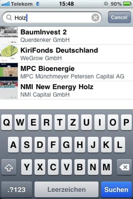 Screenshot der FondsApp mit beispielhaften Suchbegriff