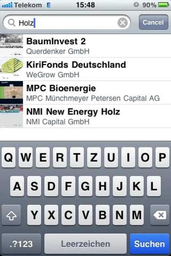 Screenshot der FondsApp mit beispielhaften Suchbegriff