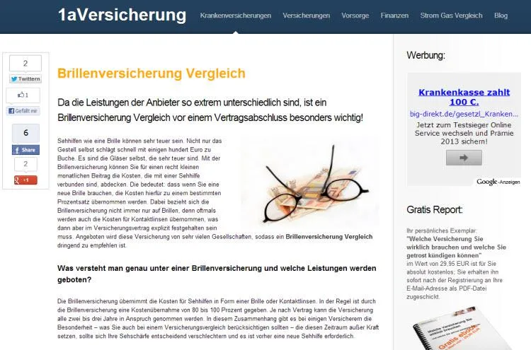 Bild: 1aVersicherung.net bietet nun auch eine Brillenversicherung Vergleichsrechner