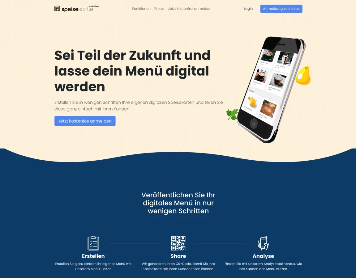 In wenigen Schritten die eigenen digitale Speisekarte erstellen und mit Ihren Kunden teilen. (© Mindroid UG)